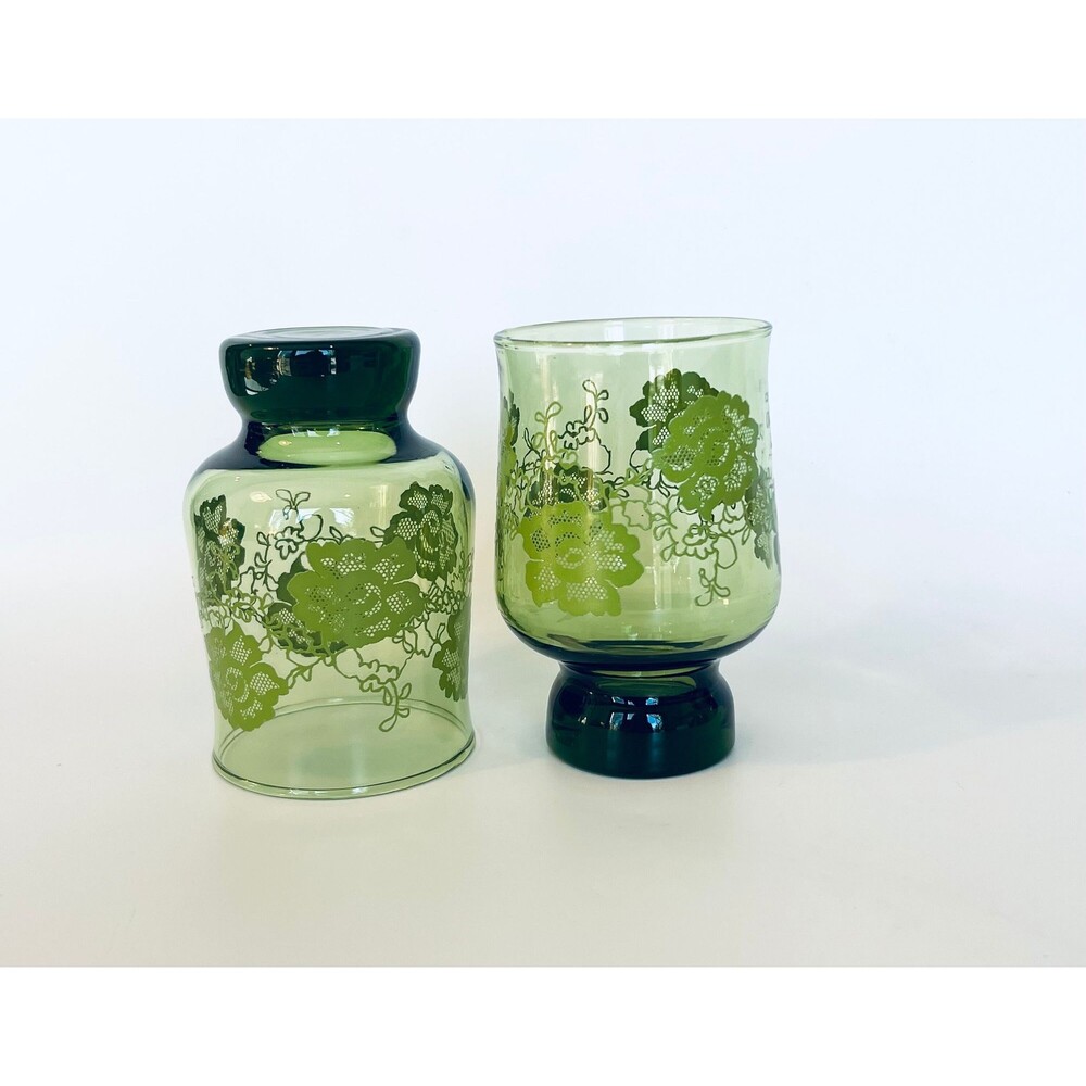 Vintage Green Floral Juice Glasses - Set of 2